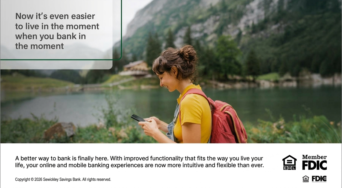 Woman with red backpack looking at her smartphone by a lakeside and mountains; ad about easier, in-the-moment online banking to bank anywhere.